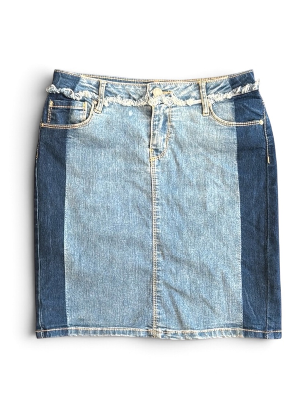 BLACK DAISY DENIM JEAN SKIRT COLOR BLOCK BLUE SIDE PANELS STRETCH POCKETS 25